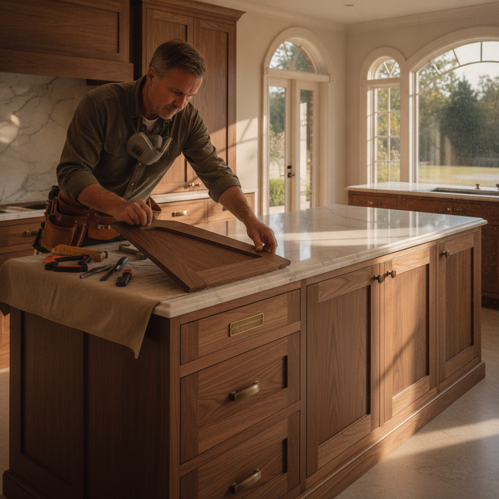 Master craftsman installing custom walnut cabinetry inside a luxury Hajj Home Improvement kitchen remodel