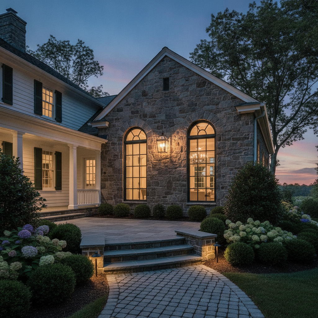 Elegant colonial home addition with stone facade and arched windows photographed at dusk