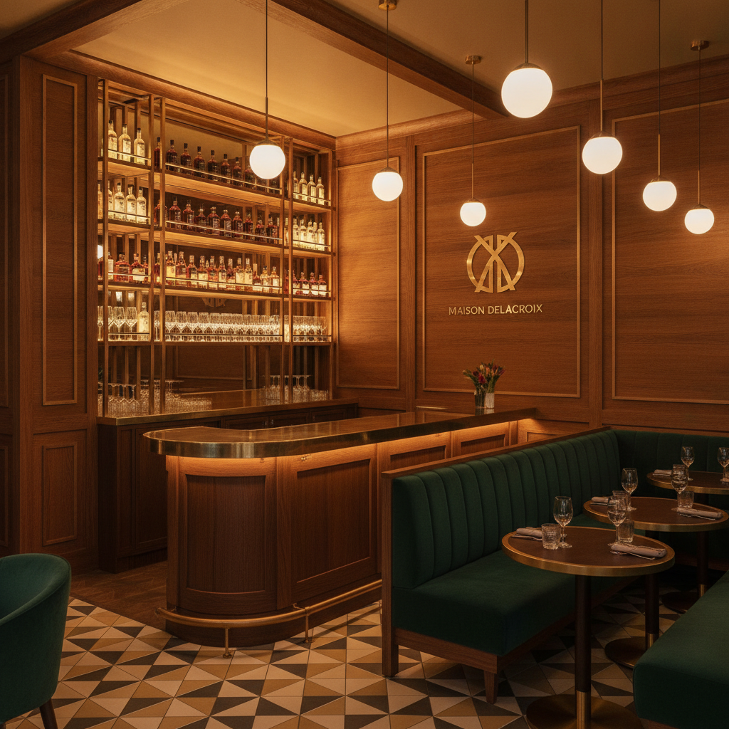 Upscale boutique restaurant interior commercial buildout with warm wood paneling and brass finishes