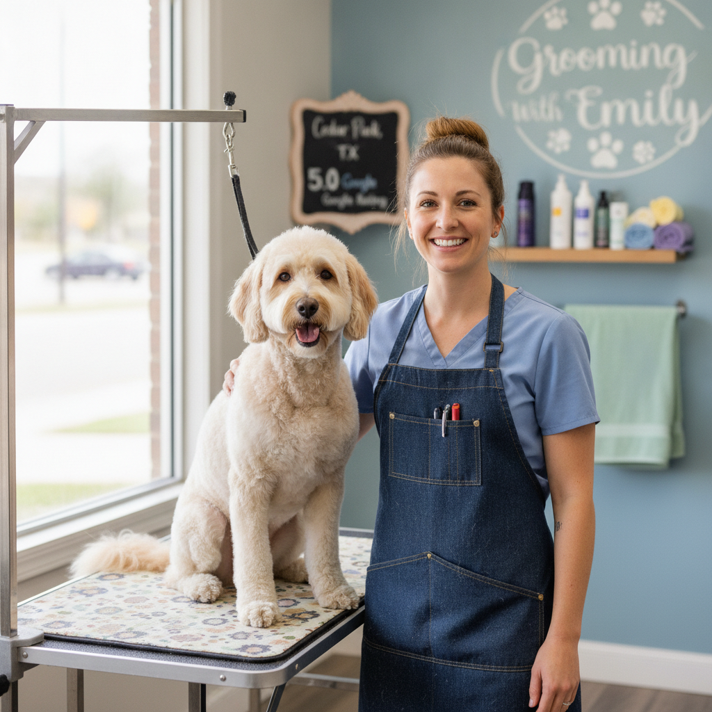 Emily with a beautifully groomed dog from her personal grooming portfolio