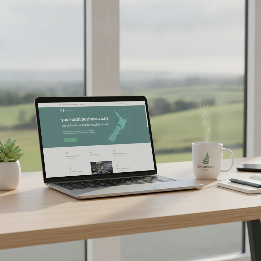 Premium modern workspace with laptop displaying a beautifully designed local business website, soft natural lighting, minimal desk setup with plant and coffee cup