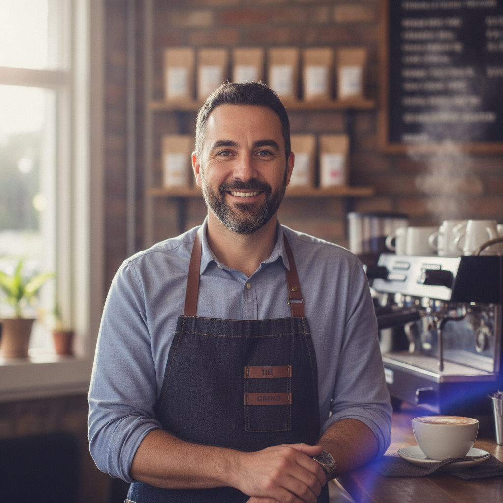 Portrait of a friendly male cafe manager wearing an apron in Wellington