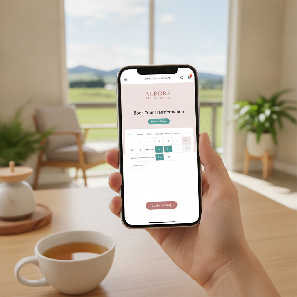 Modern mobile-first website mockup for a New Zealand beauty salon showing booking interface