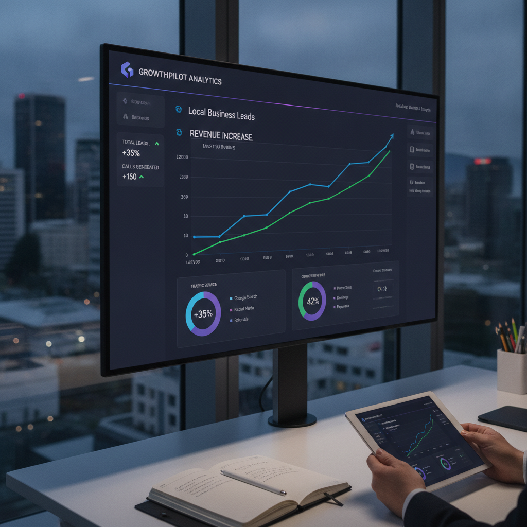 Analytics dashboard interface showing upward trend in local business leads and revenue