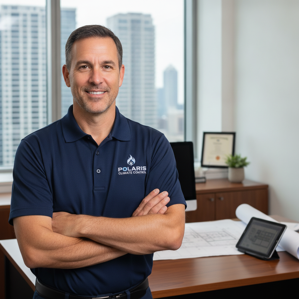 Portrait of a confident HVAC business owner in a modern office space, wearing a branded polo shirt