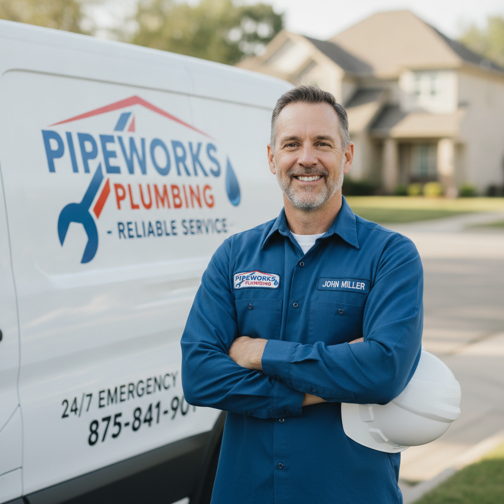 Portrait of a smiling master plumber wearing a blue uniform shirt, standing in front of a branded service van