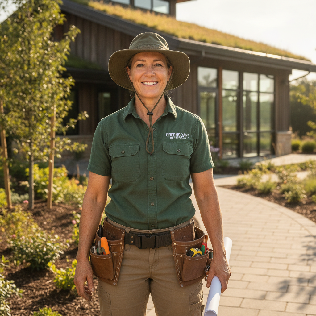 Portrait of a landscaping company founder outdoors on a sunny day, wearing a hat and professional work gear