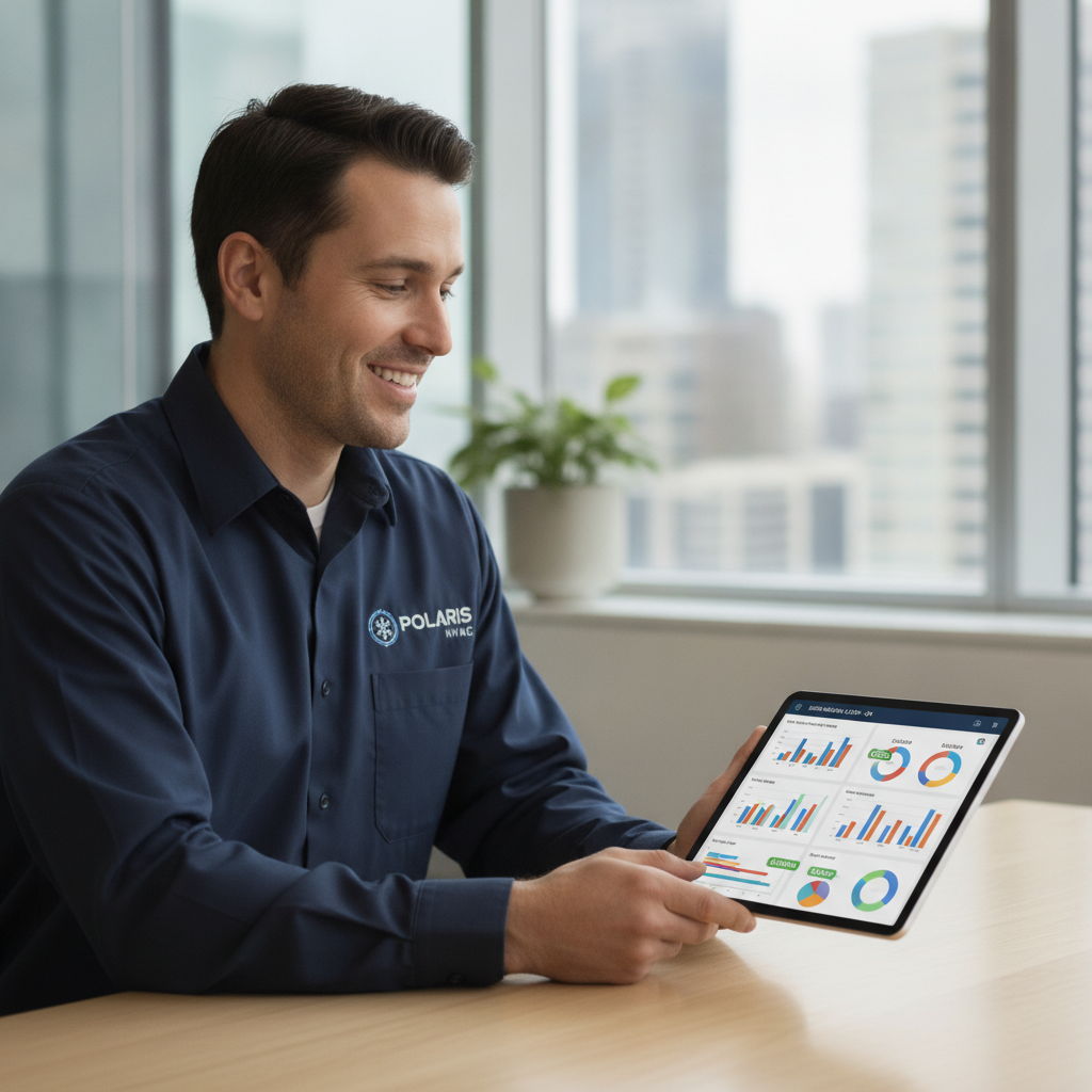 Professional HVAC contractor wearing a branded uniform, smiling while reviewing a dashboard of new high-margin leads on a tablet in a modern office