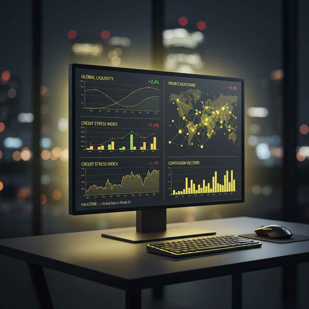 Dark mode financial intelligence terminal with vibrant yellow data visualizations tracking global liquidity and credit stress indicators in real time