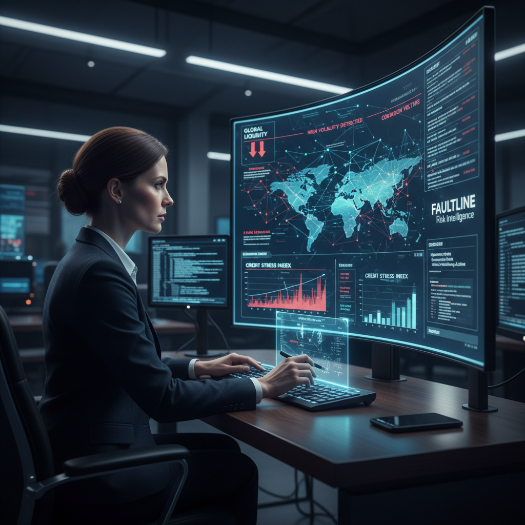 Editorial photograph of an analyst studying macroeconomic systemic risk vectors and contagion pathways on a refined terminal display