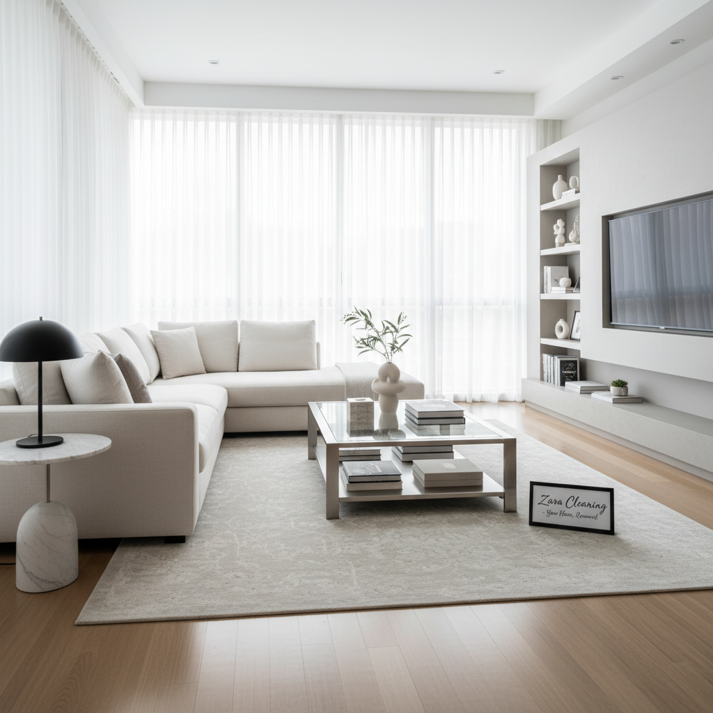 Sparkling clean modern living room cleaned by Zara Cleaning professionals