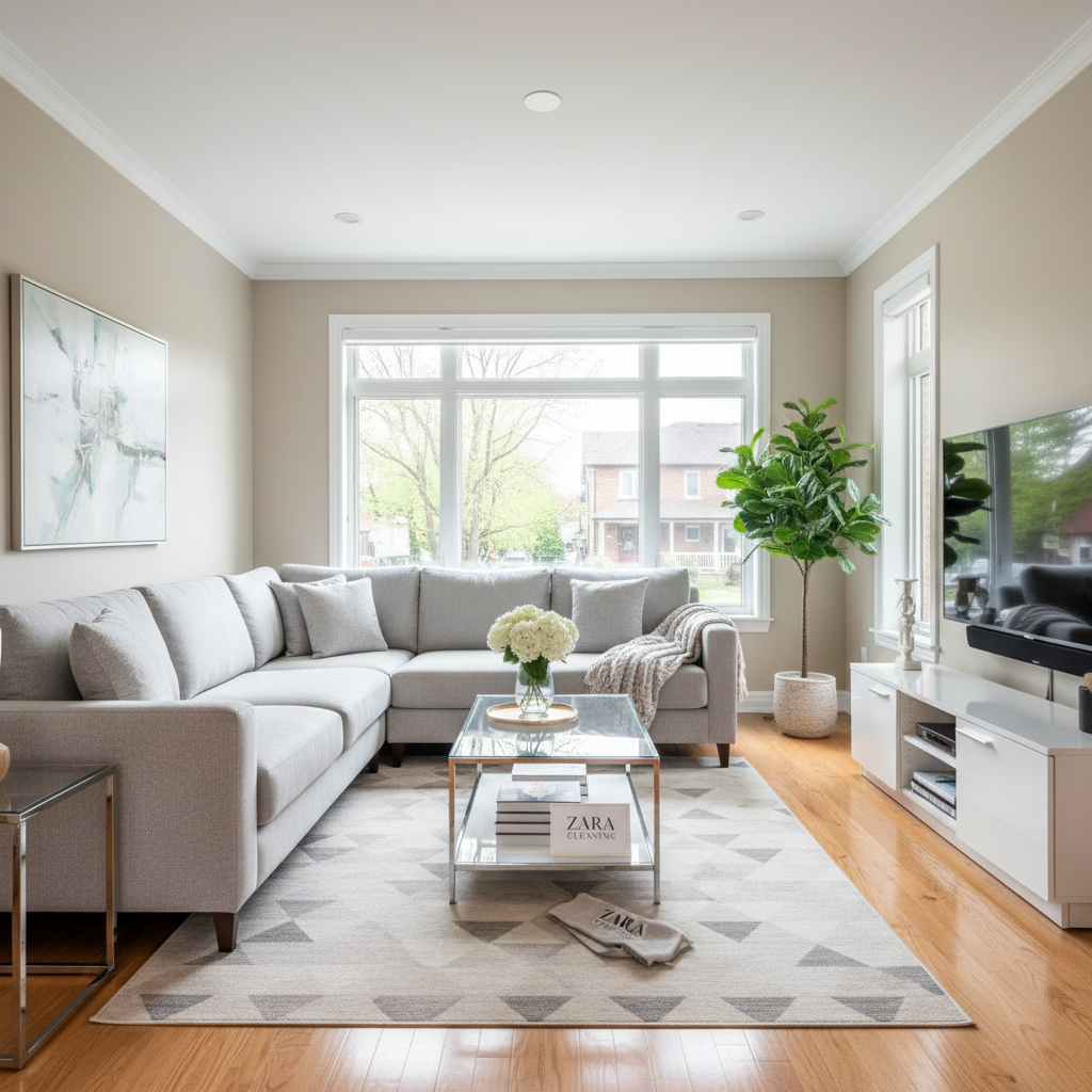 Sparkling clean modern living room in Guelph showcasing Zara Cleaning's high standards