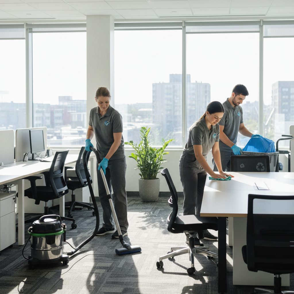 Professional cleaning staff working diligently in a modern Guelph office
