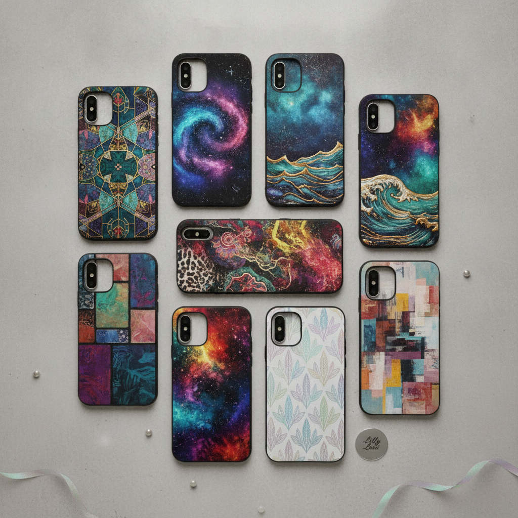 Assortment of unique artistic phone cases with intricate colorful designs and patterns laid out flat on a clean modern surface, product photography