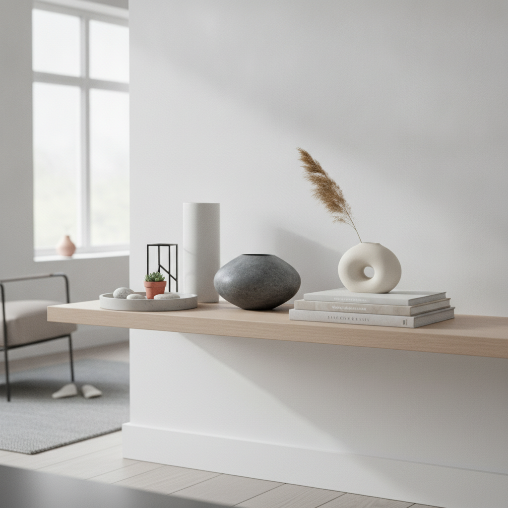 Minimalist ceramic vases and modern decor items arranged on a sleek shelf in a bright Scandinavian interior with soft natural light
