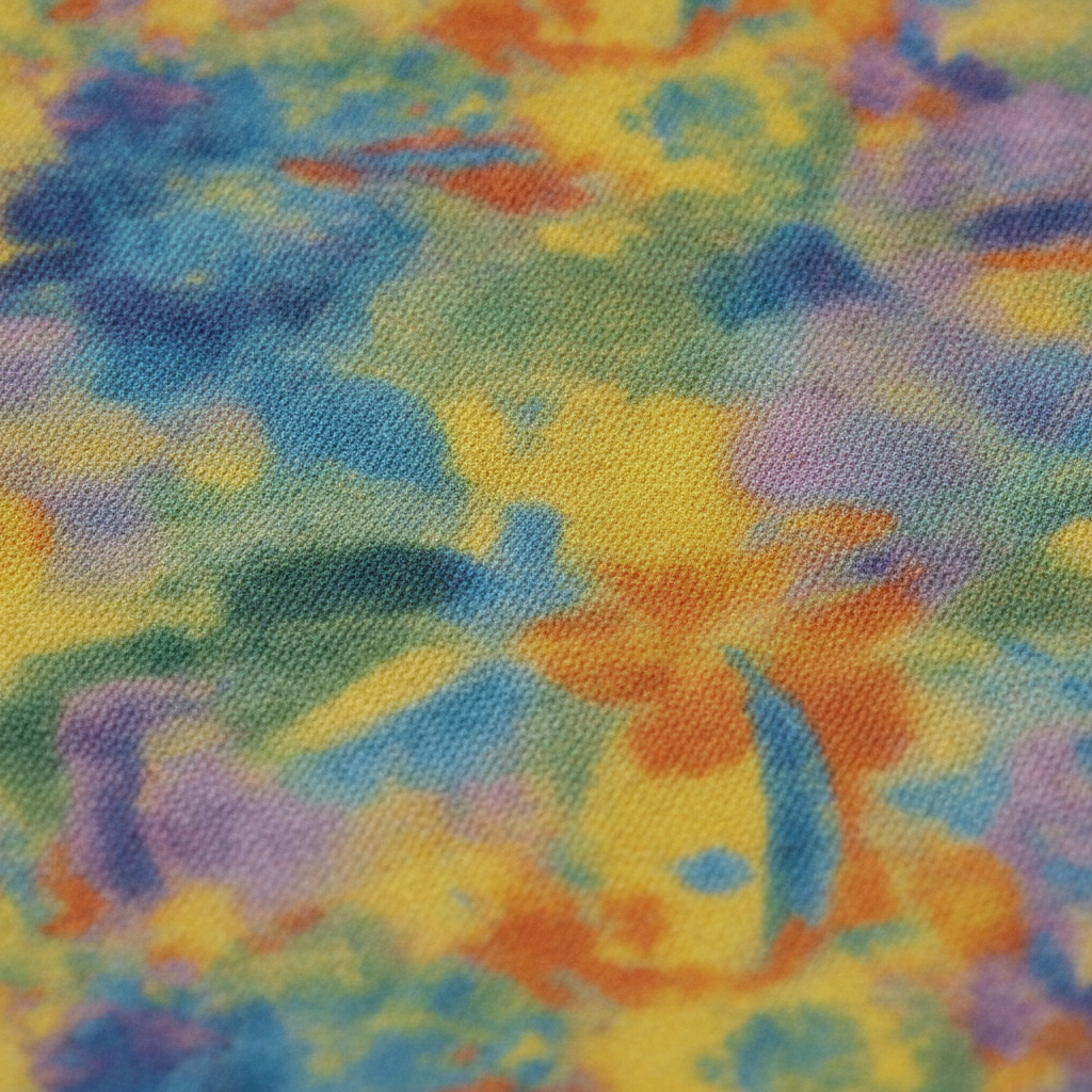 Ultra detailed macro photograph of vibrant full color print on premium soft cotton fabric with visible weave texture, studio lighting, editorial fashion photography style showcasing print quality