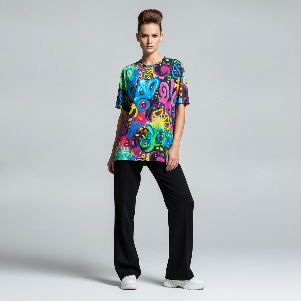 Fashion model wearing a vibrant colorful artistic graphic t-shirt with bold abstract print, studio lighting, high fashion editorial style