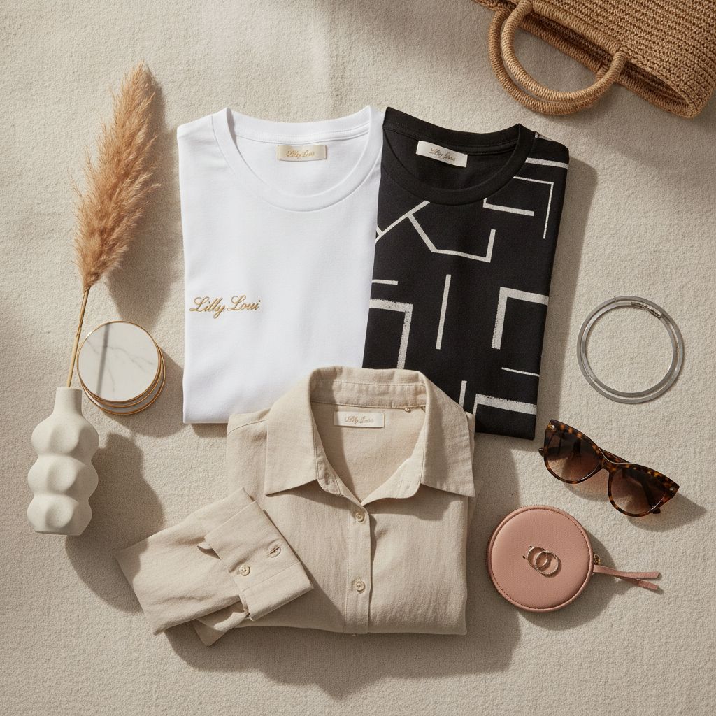 Elegant flat lay of trendy fashion apparel, folded designer t-shirts, minimalist home decor with ceramic vase, and stylish accessories on a neutral background with soft natural lighting from Lilly Loui Store