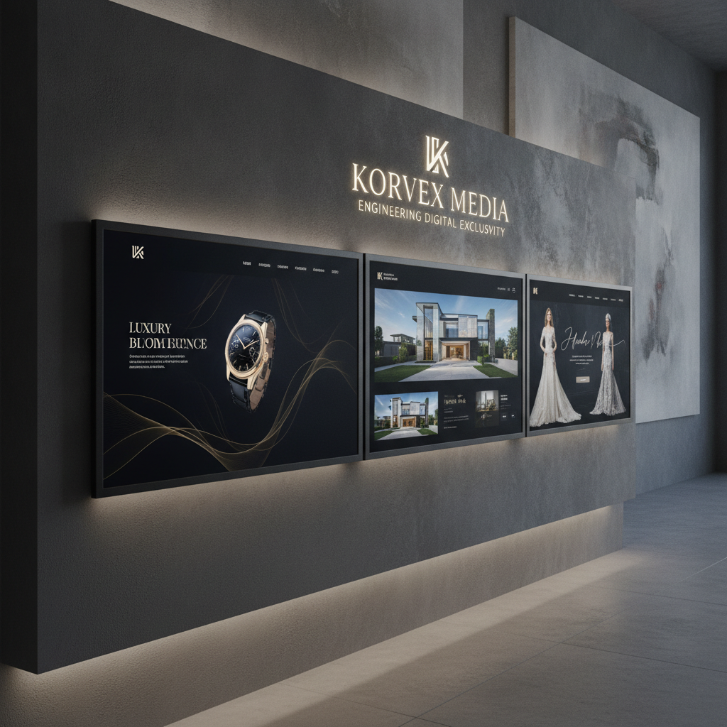 Three computer screens displaying luxury website designs mounted on a wall with Korvex Media branding text displayed prominently on the background wall