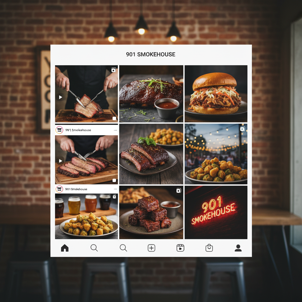 Instagram feed grid for a downtown Memphis BBQ restaurant showing food photography and reels