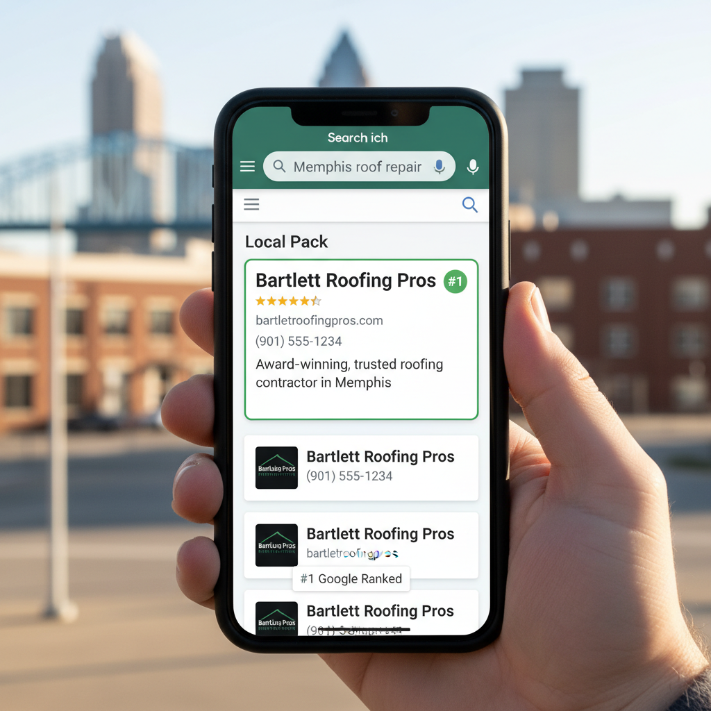 Google search results page showing a Memphis contractor ranked first for local roofing keywords