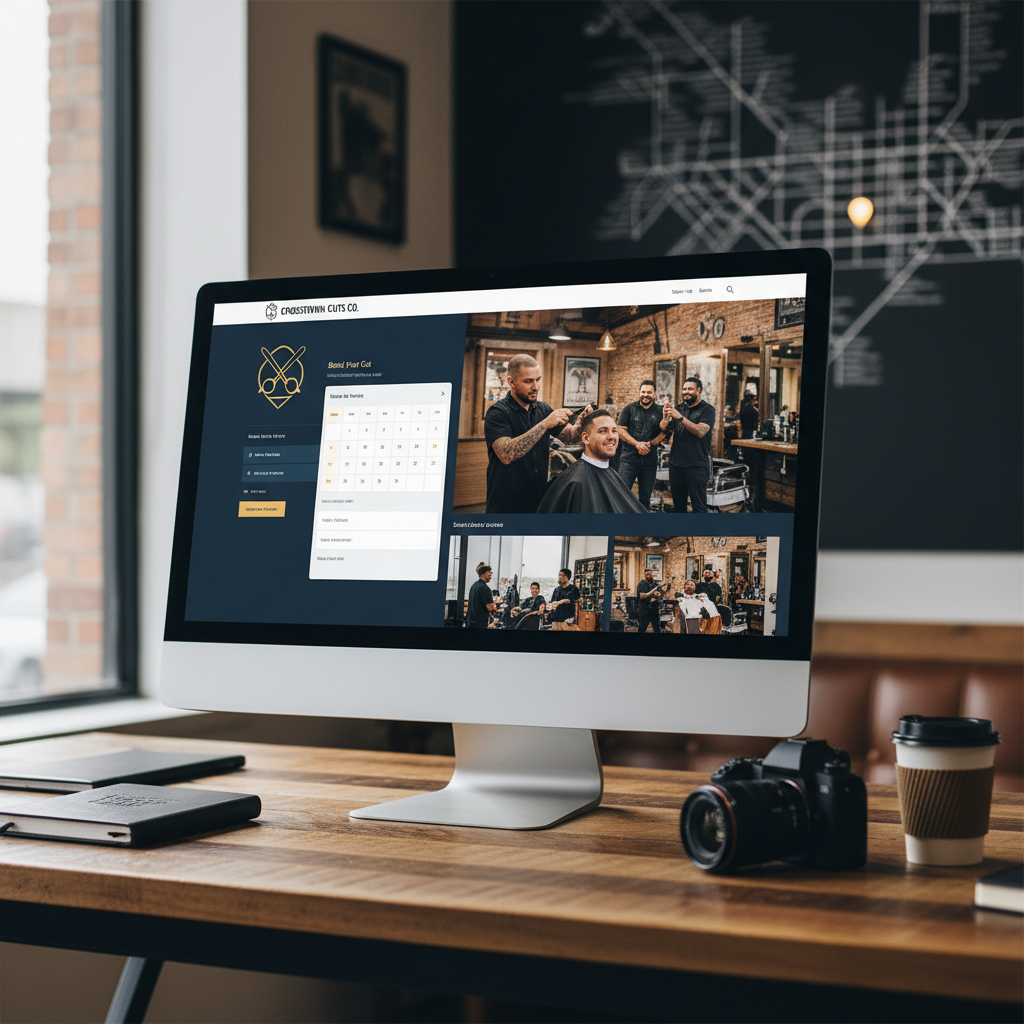Custom website mockup for a Memphis barbershop showing booking page and brand photography