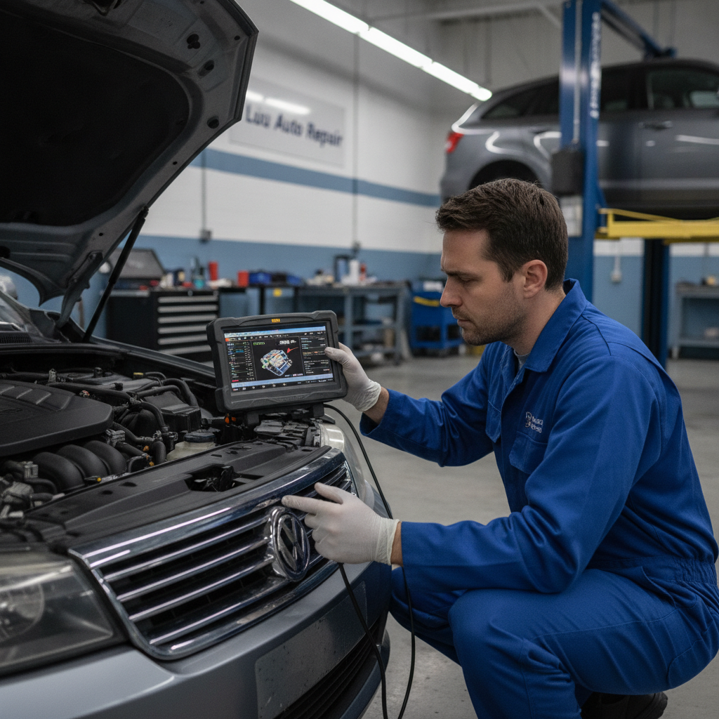 Technician using advanced engine diagnostic scanner to identify issues