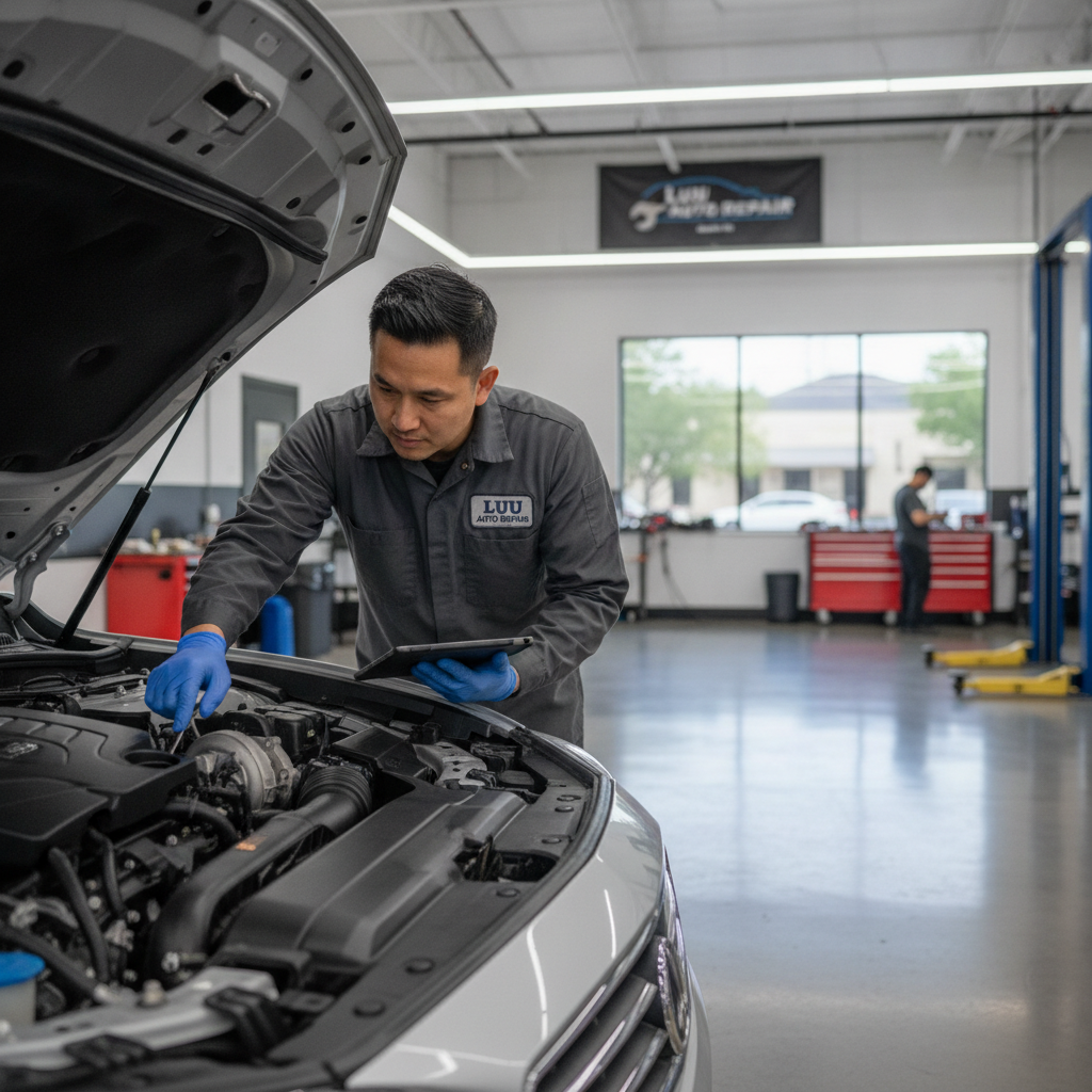 Professional mechanic carefully inspecting a car engine in a modern, clean Austin auto repair shop bay