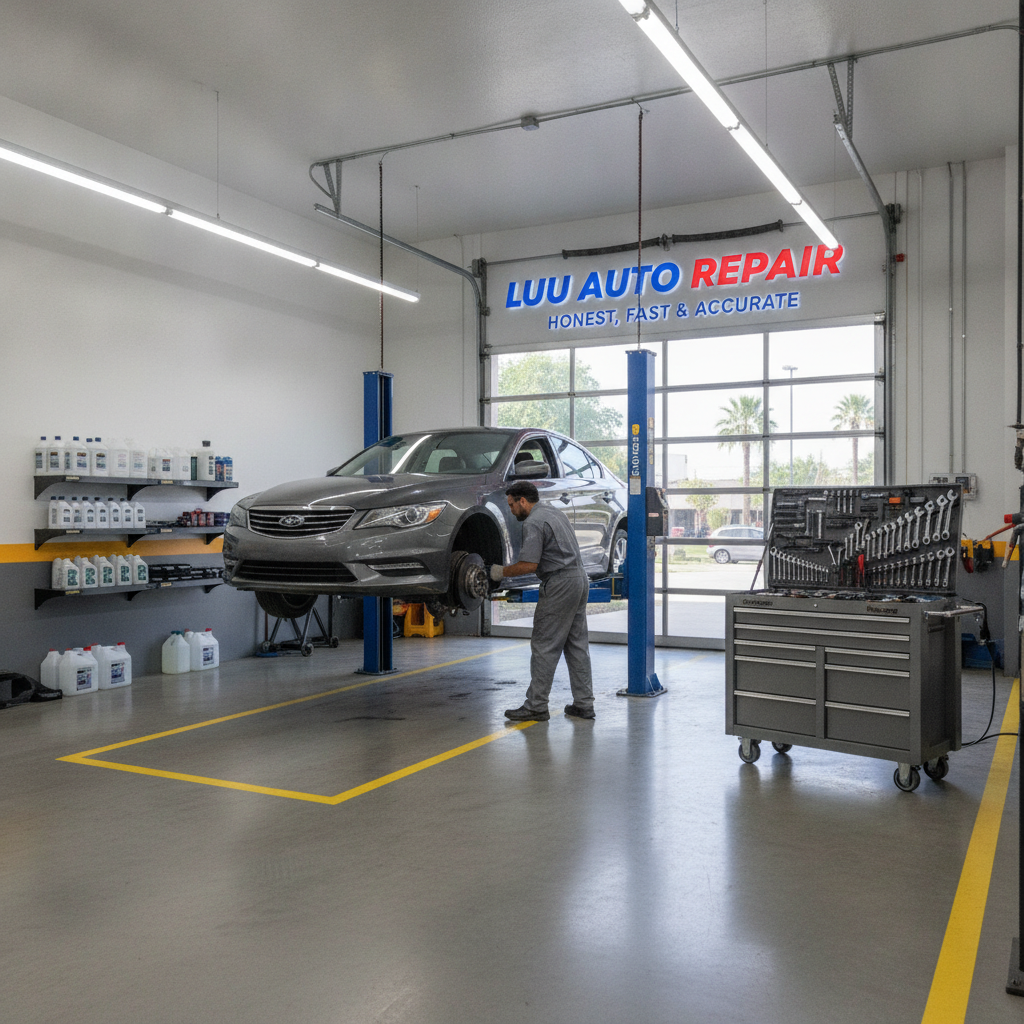Clean and well-equipped auto service bay at Luu Auto Repair Austin