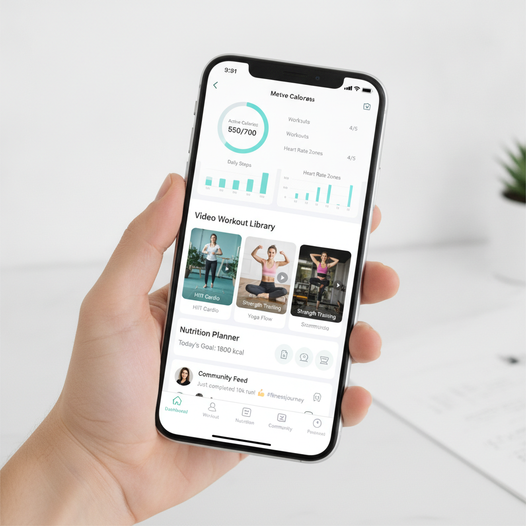 Modern fitness and wellness mobile app interface displaying workout tracking dashboard, progress charts, video workout library, nutrition planner, and social community feed on iPhone mockup