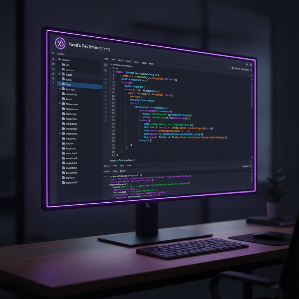 Modern web development code editor with syntax-highlighted React and TypeScript code in a sleek editorial UI featuring file tree sidebar integrated terminal and clean minimal aesthetic