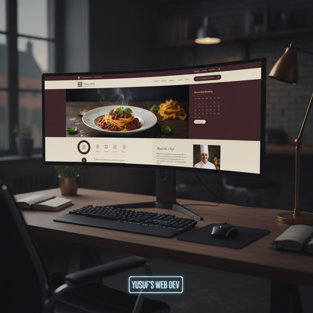 Elegant Italian fine-dining restaurant website featuring warm burgundy tones, hero image of handmade pasta, interactive menu, reservation booking system, and chef story section