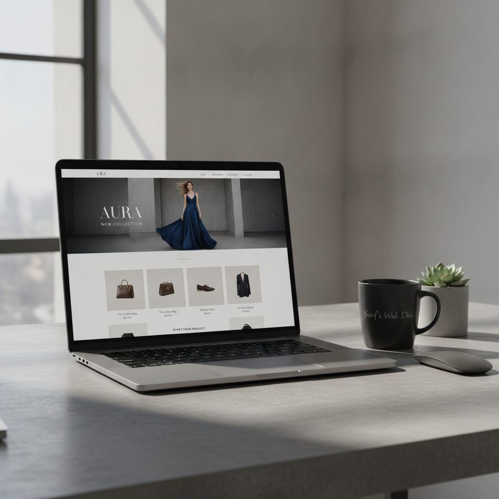 Luxury high-end fashion e-commerce website mockup featuring editorial model photography, elegant typography, and a minimalist product grid layout on a modern laptop