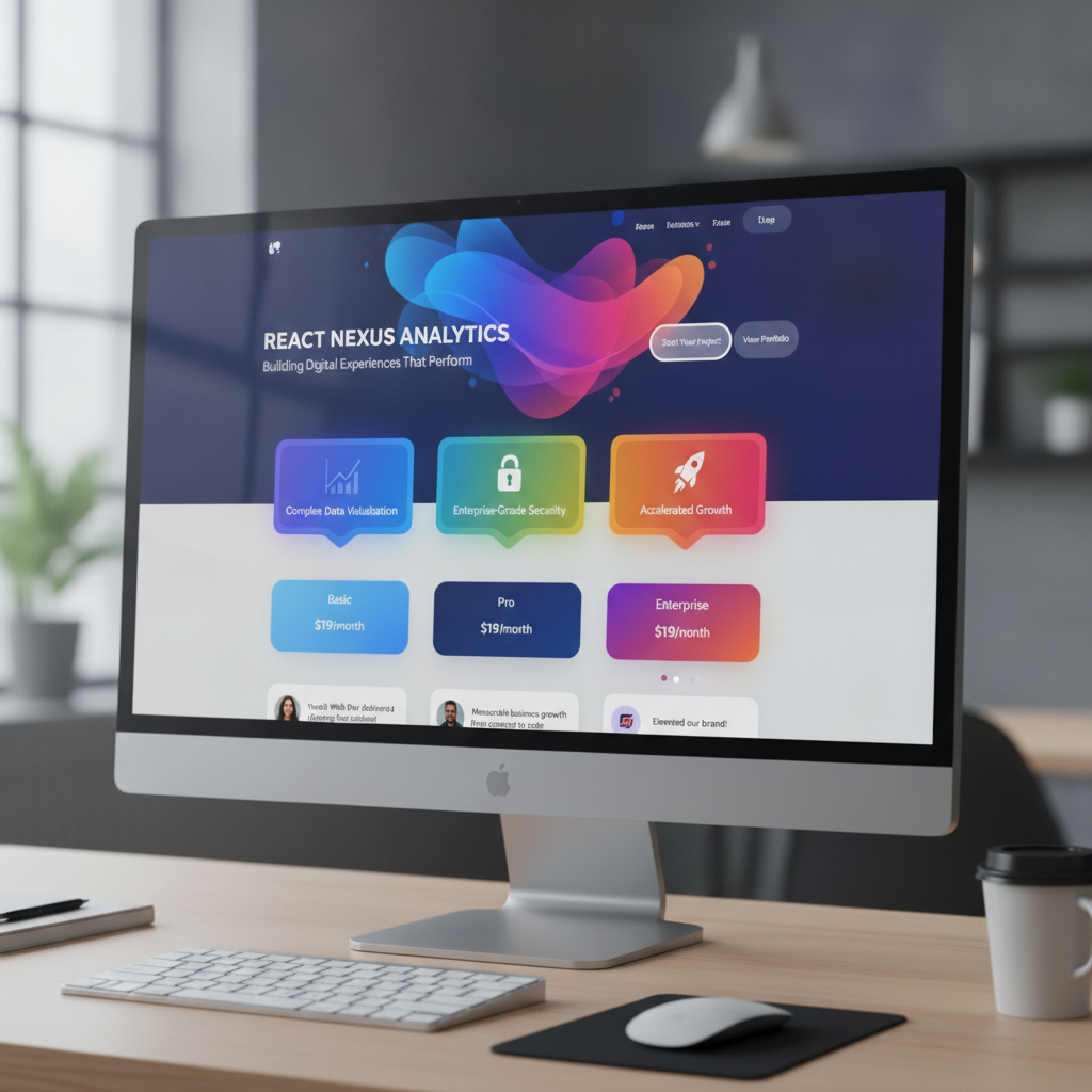 Modern SaaS product landing page with vibrant gradient hero section, animated feature cards, pricing tiers, and testimonial carousel showcasing a project management platform