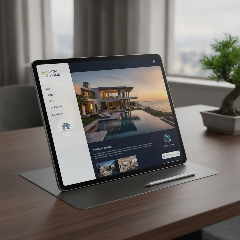 Premium luxury real estate platform featuring high-resolution property photography, interactive map search, virtual 3D tours, mortgage calculator, and elegant property detail pages