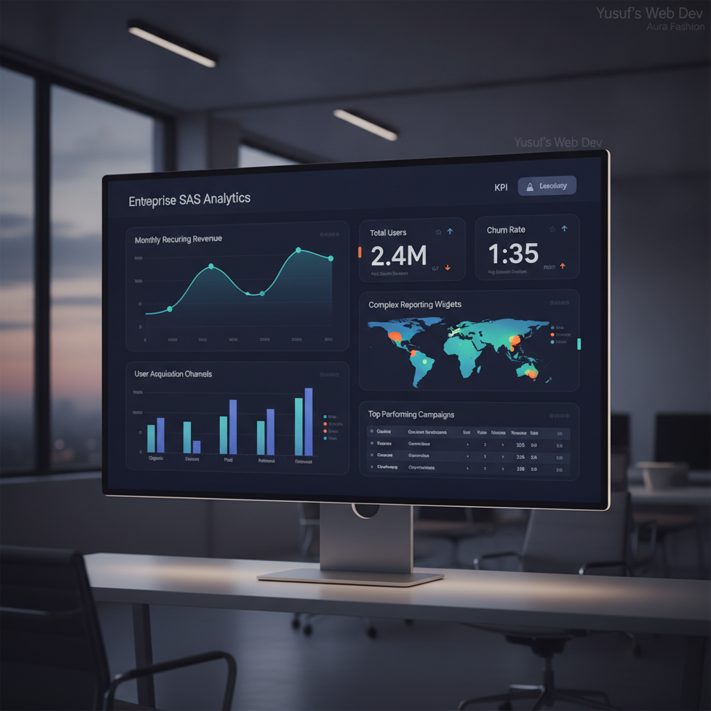 Sophisticated enterprise SaaS analytics dashboard interface in dark mode showcasing real-time data visualization, interactive line charts, bar graphs, KPI metric cards, and complex reporting widgets