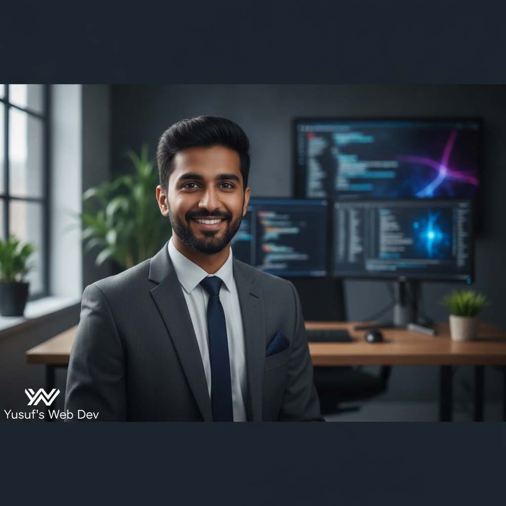 Confident young tech entrepreneur in professional attire smiling warmly at the camera