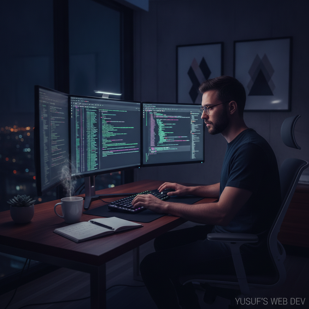 Professional developer working late at night with glowing code illuminating multiple monitors in a sleek modern home office setup