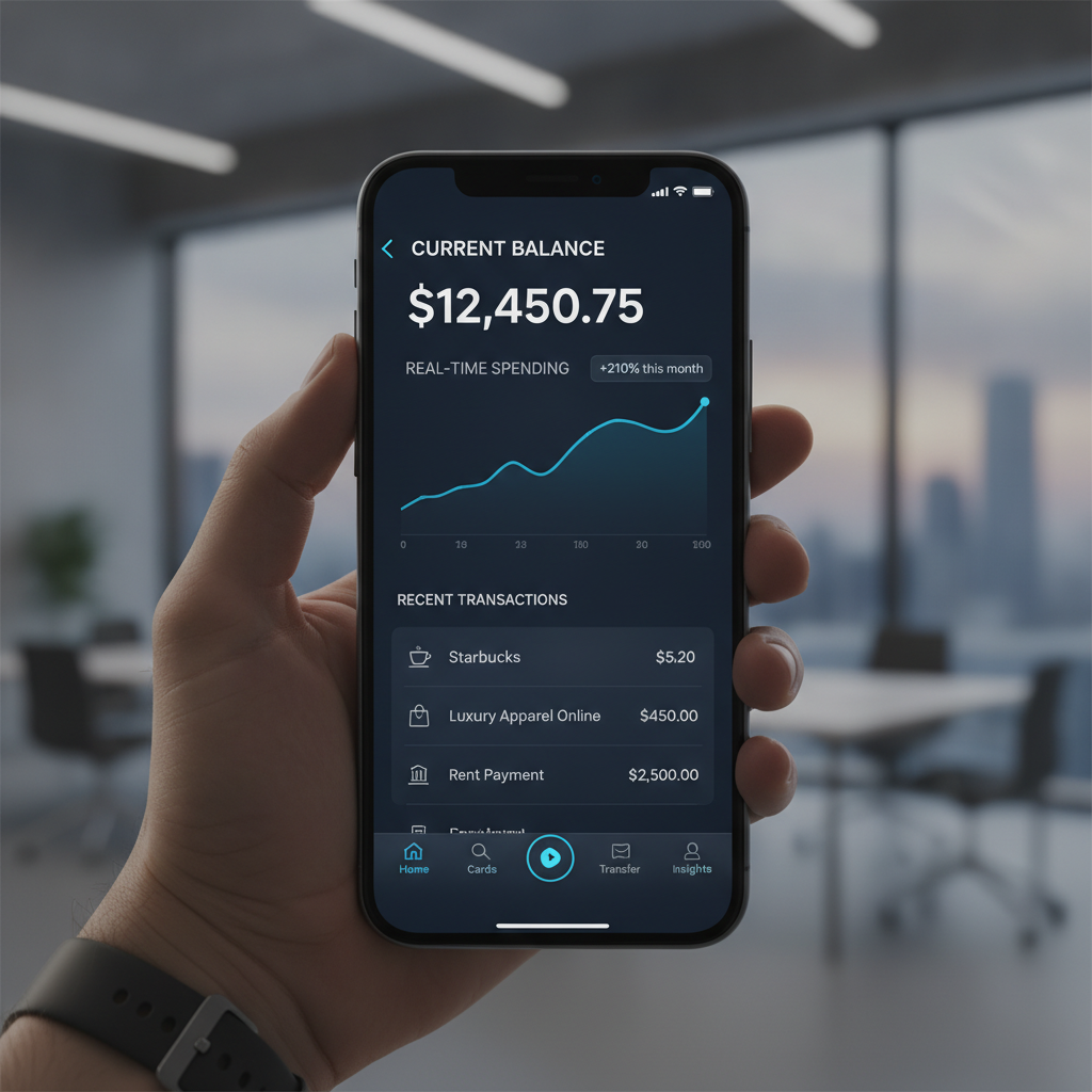 Sleek fintech mobile banking application interface with real-time transaction data and modern UI