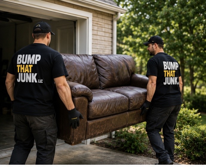 Professional junk removal crew in safety uniforms loading debris and furniture into a truck in the CSRA area
