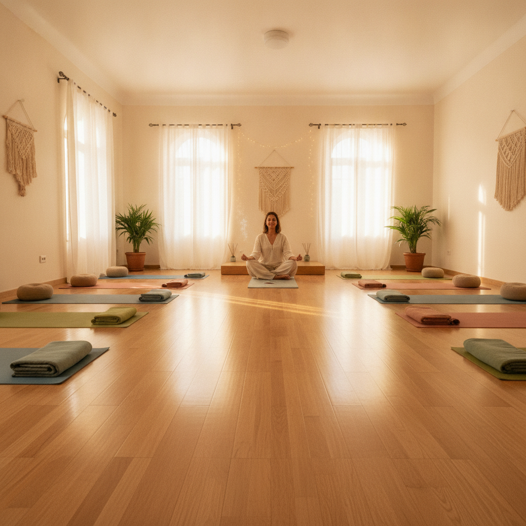 Sunlit, peaceful yoga studio space with wooden floors in Dimona