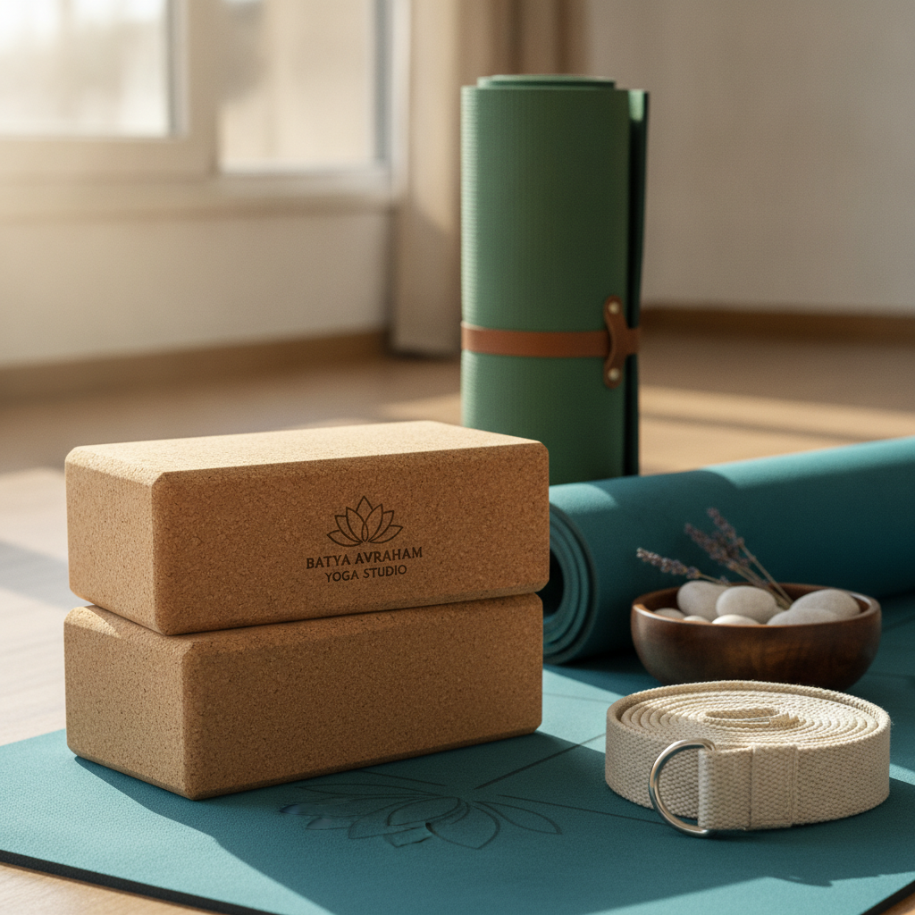 Close up of premium yoga props, blocks, and mats ready for a session