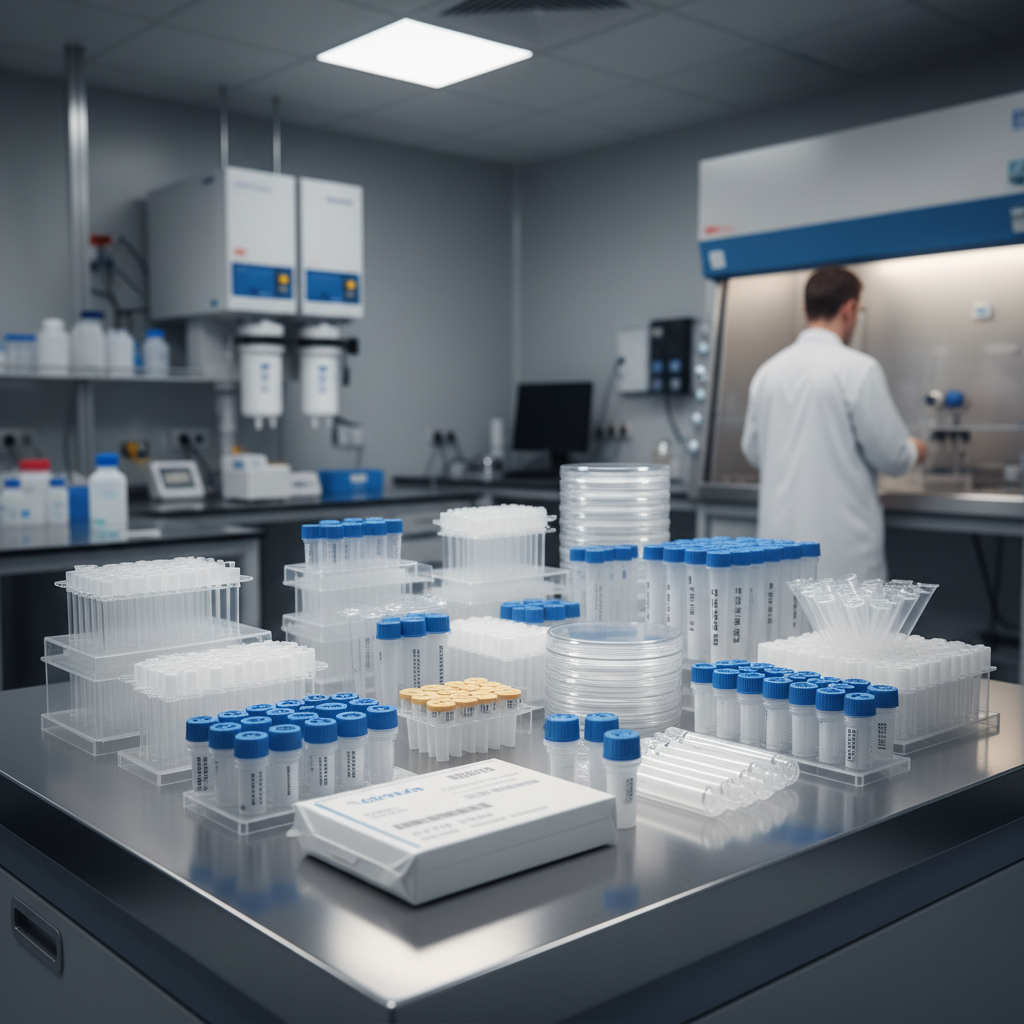 Sterile laboratory consumables including pipette tips, petri dishes, and sample tubes in a professional laboratory