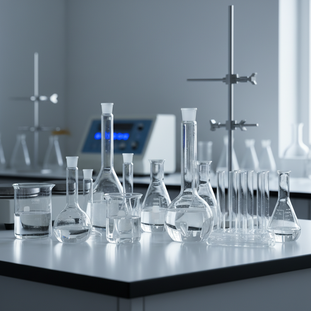 Premium borosilicate laboratory glassware including beakers, flasks, and test tubes arranged on a modern lab bench