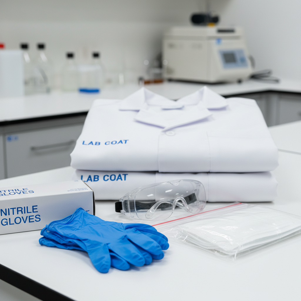 Laboratory safety consumables including nitrile gloves, face masks, protective goggles, and lab coats for PPE