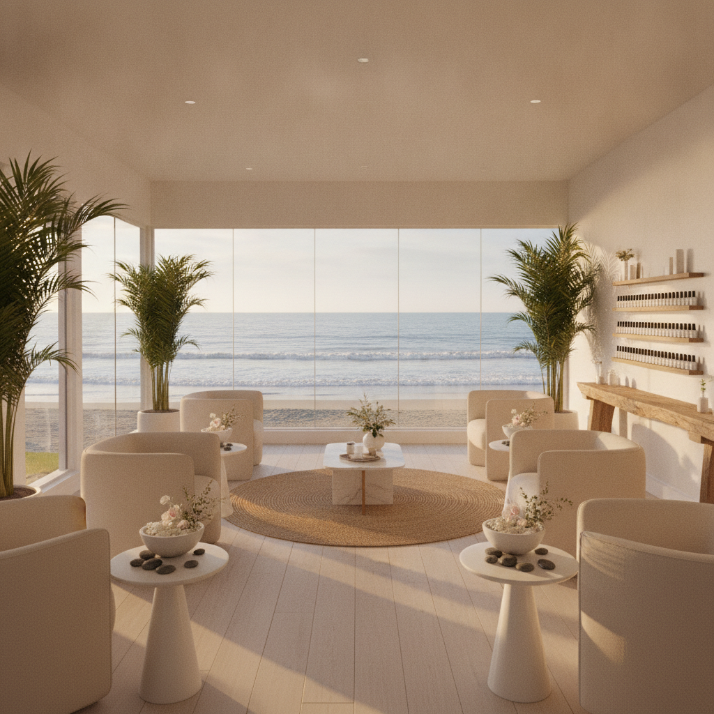 Sun-drenched interior of a luxurious Malibu nail salon with minimalist decor