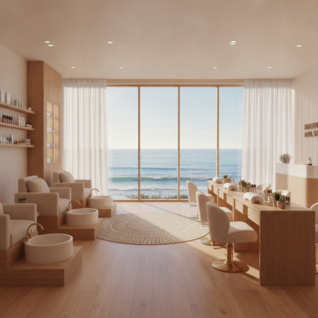 Luxurious sun-drenched Malibu nail salon interior with ocean views