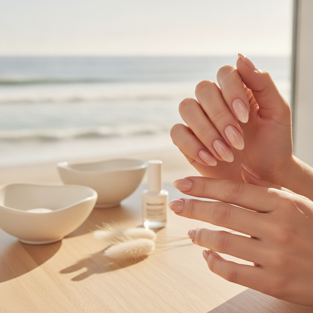 Elegant manicured hands close-up with neutral polish