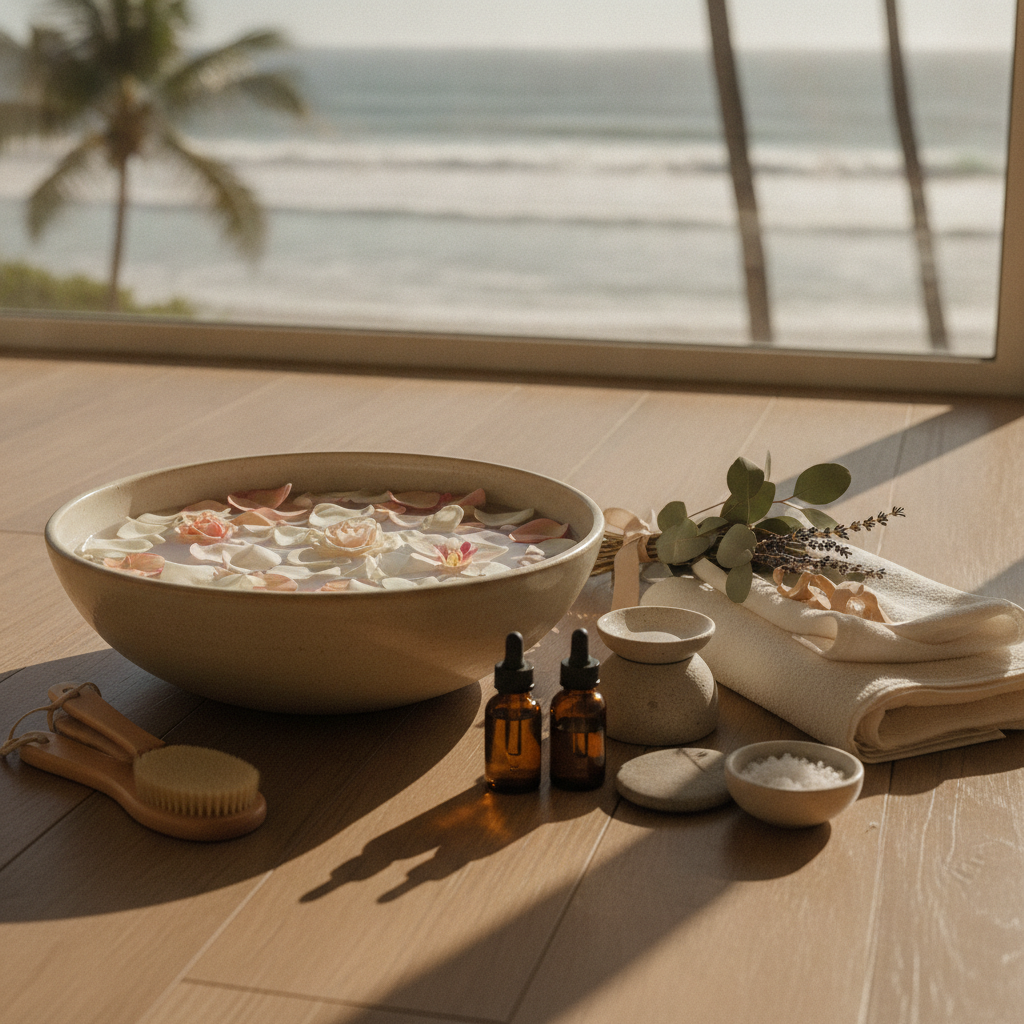 Aesthetic setup for a spa pedicure with flower petals and essential oils
