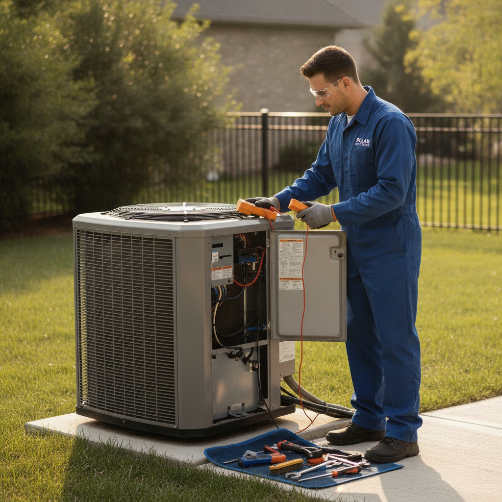 Professional HVAC technician in uniform servicing and repairing an outdoor air conditioning condenser unit